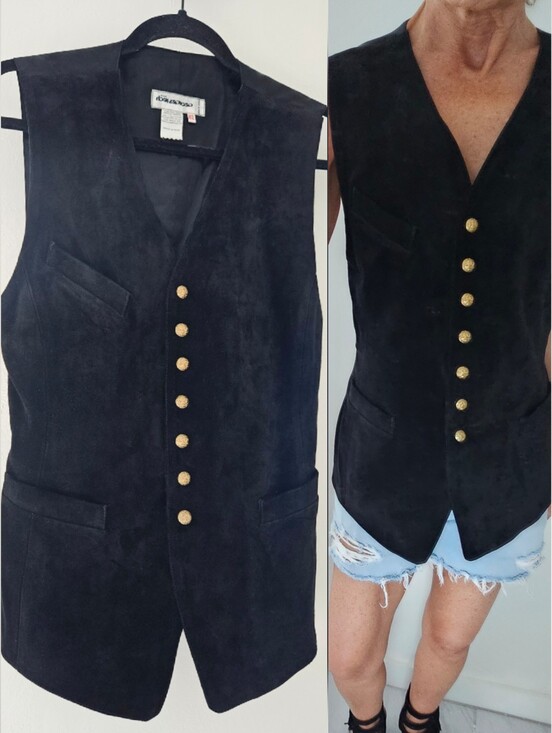 Vintage Jackets & Blazers - Georges Rech Vintage Black Suede With Engraved Gold Buttons Slim Vest